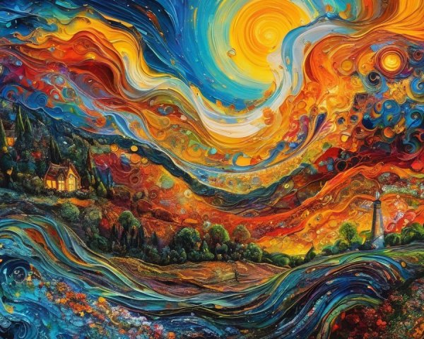Vibrant Sunset Landscape with Whimsical Elements