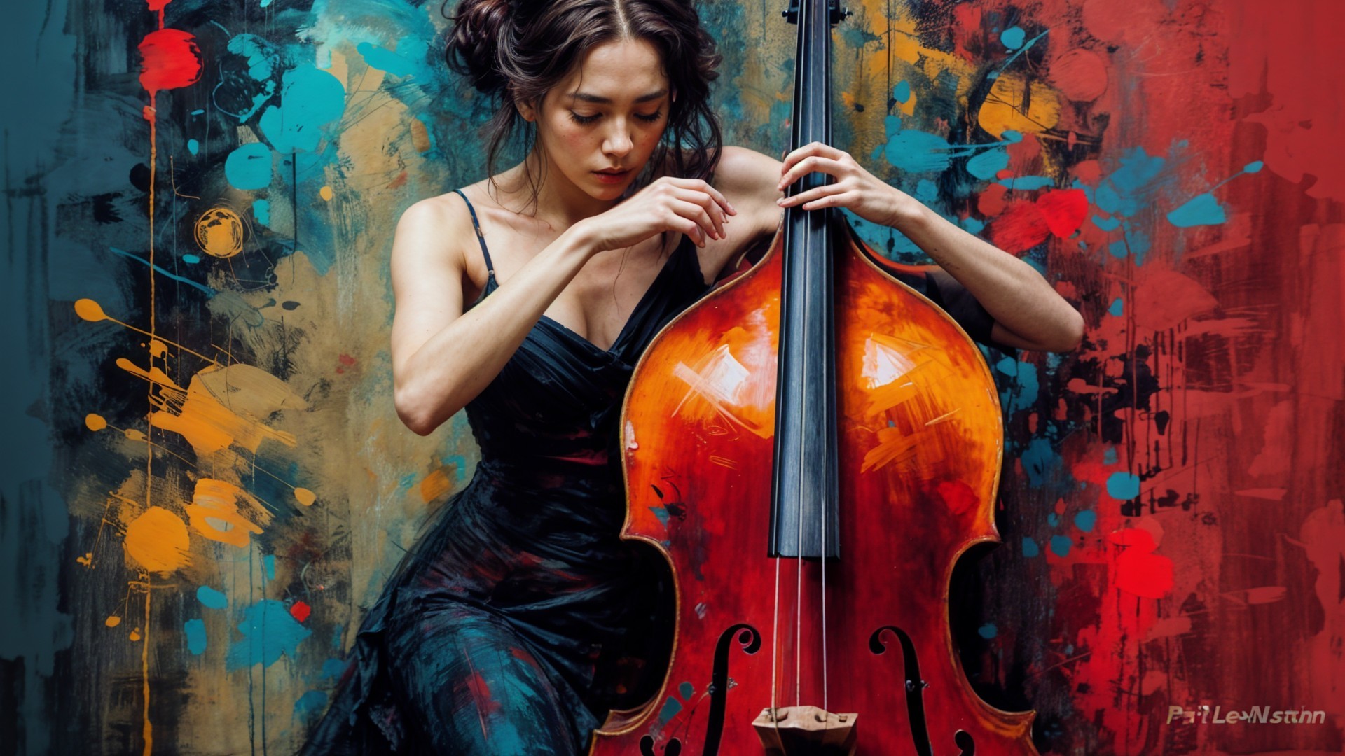 Woman in Black Dress Playing Cello with Colorful Background