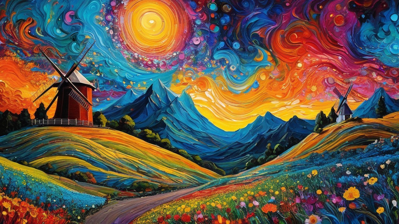 Vibrant Landscape with Windmills and Colorful Flowers