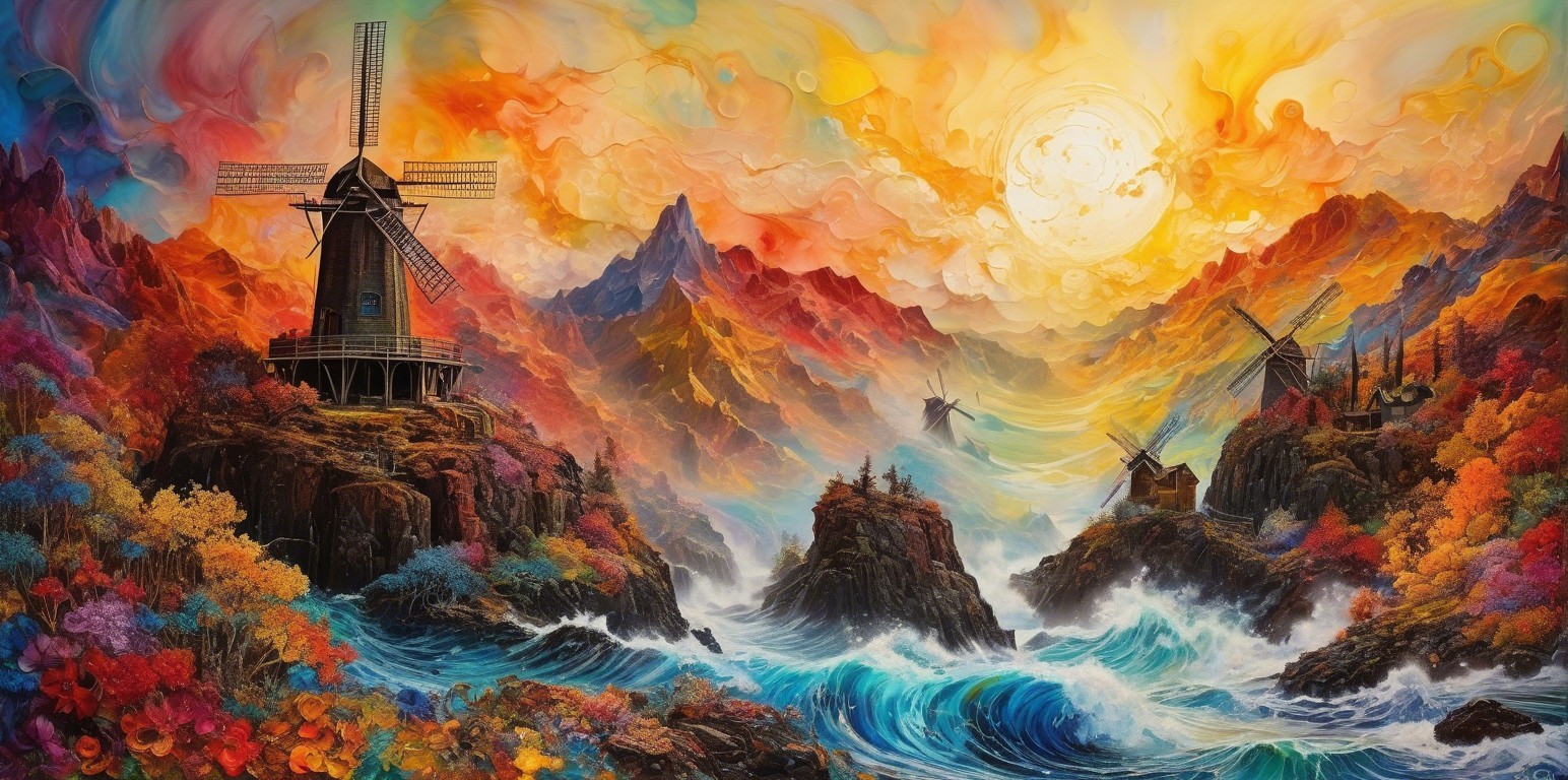 Vibrant Oil Painting of Landscape with Windmills and Moon