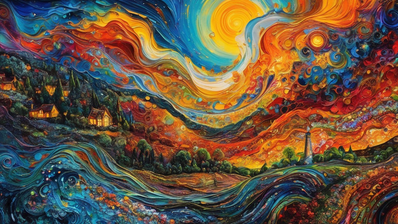 Vibrant Sunset Landscape with Whimsical Elements
