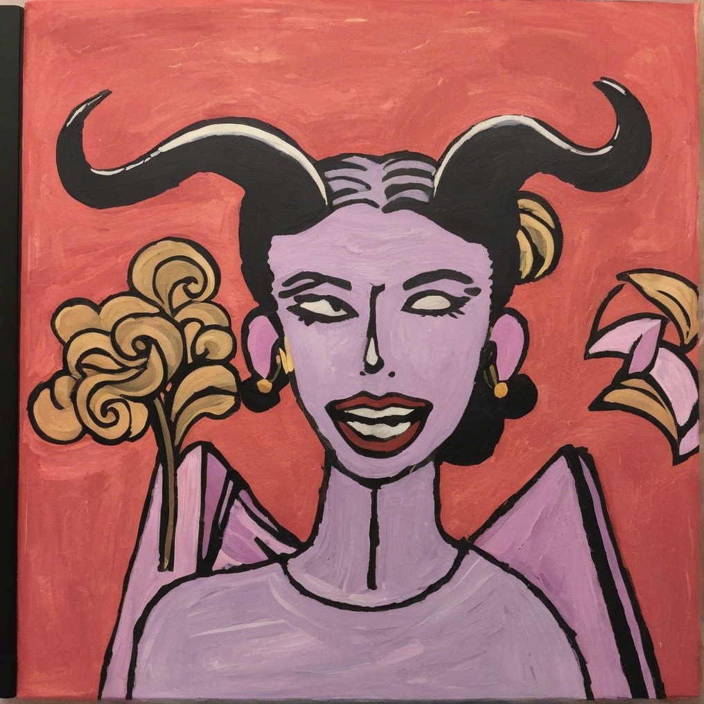 Stylized Figure with Horns on Vibrant Red Background