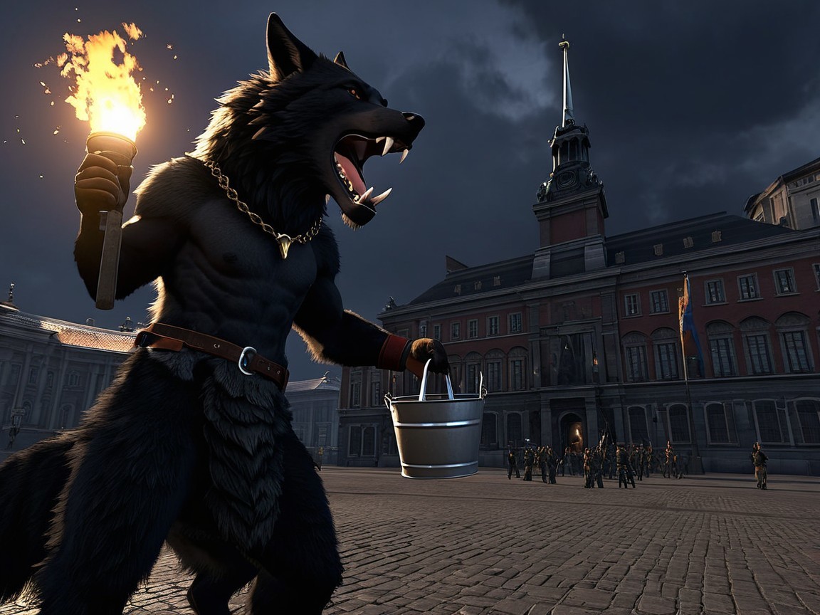Anthropomorphic wolf figure with soldiers and building