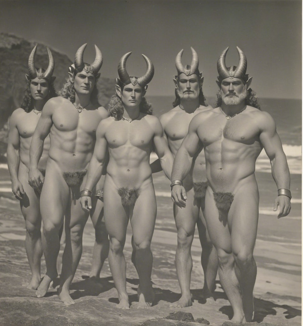 Muscular Male Figures in Horned Helmets on Beach