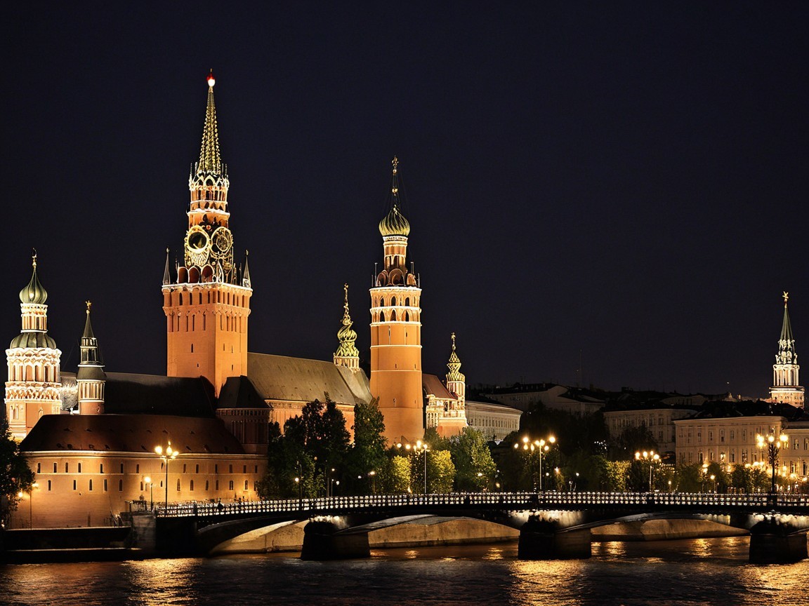Kremlin in Moscow at Night with Illuminated Towers