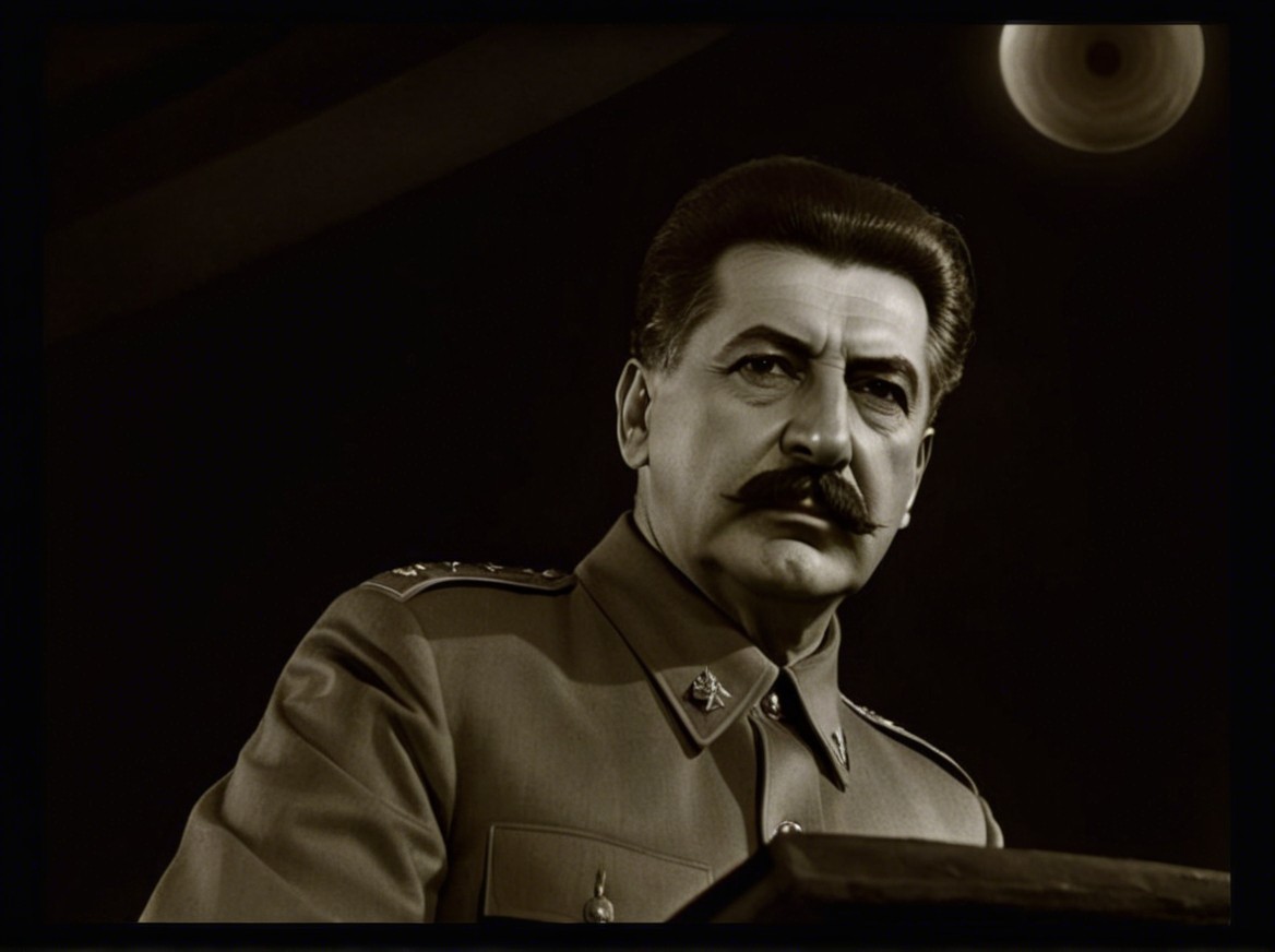 Historical figure in military uniform at podium