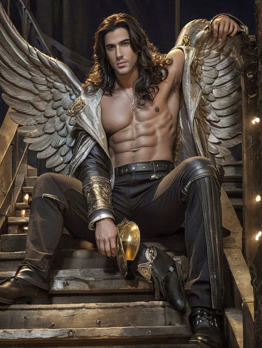 Muscular figure with wings on staircase in silver jacket