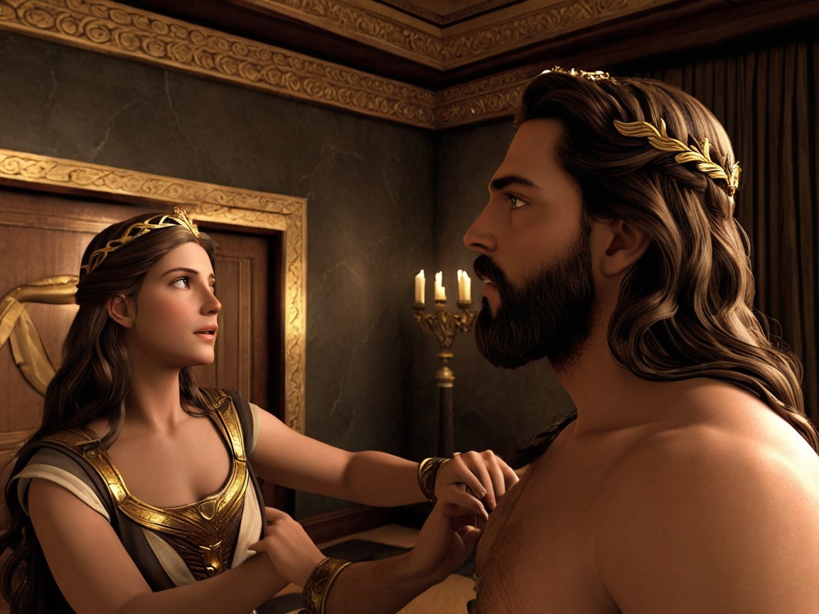 Regal Woman in Golden Armor Meets Muscular Man in Room