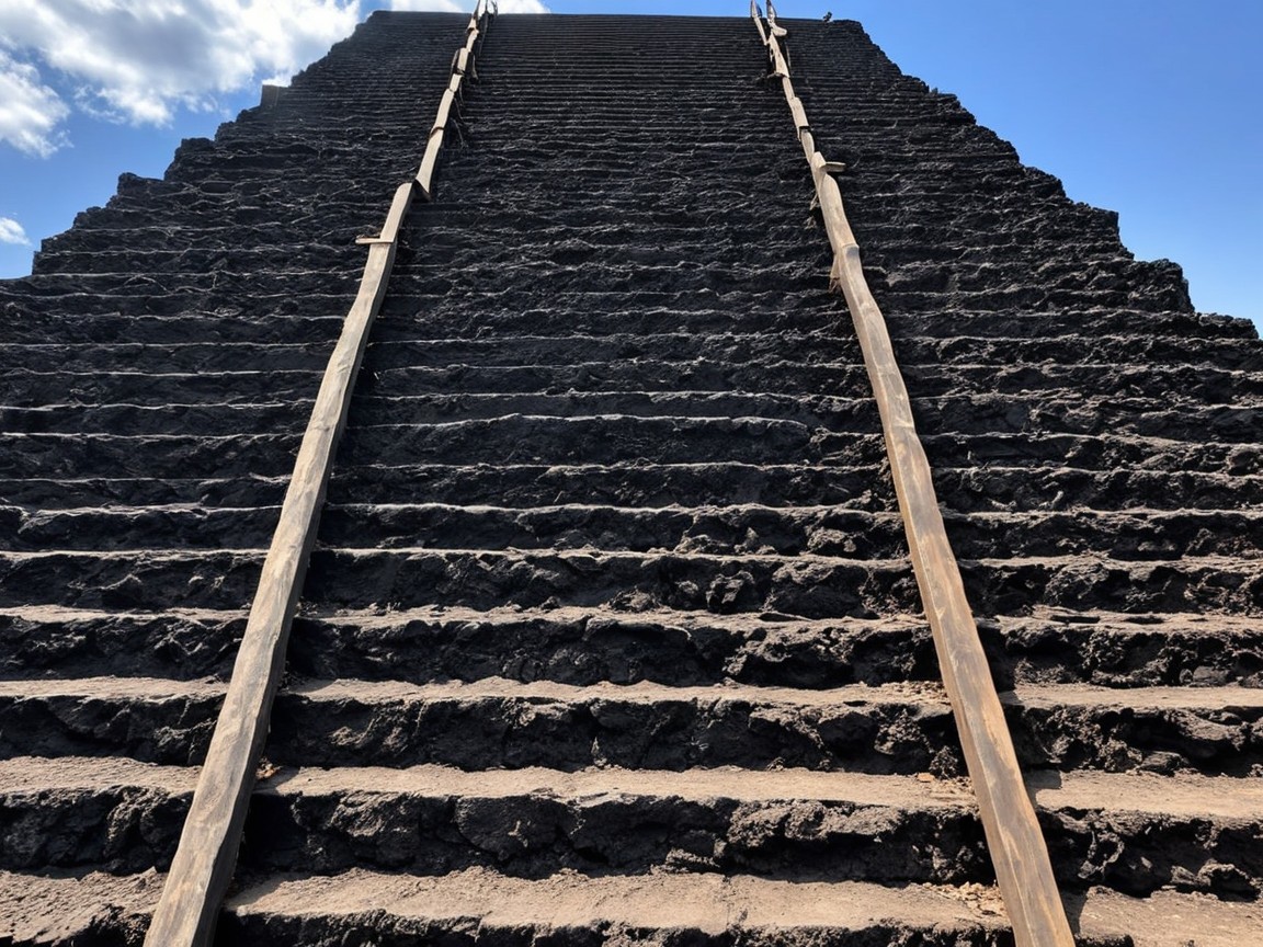 Steep Stone Staircase with Wooden Railings and Sky