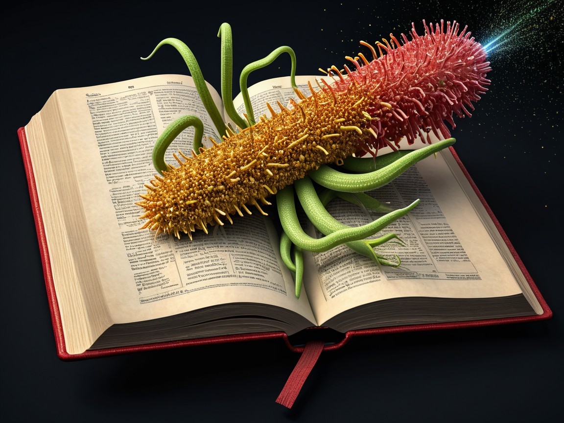 Bacterium and Snake Forms Against Open Dictionary Background