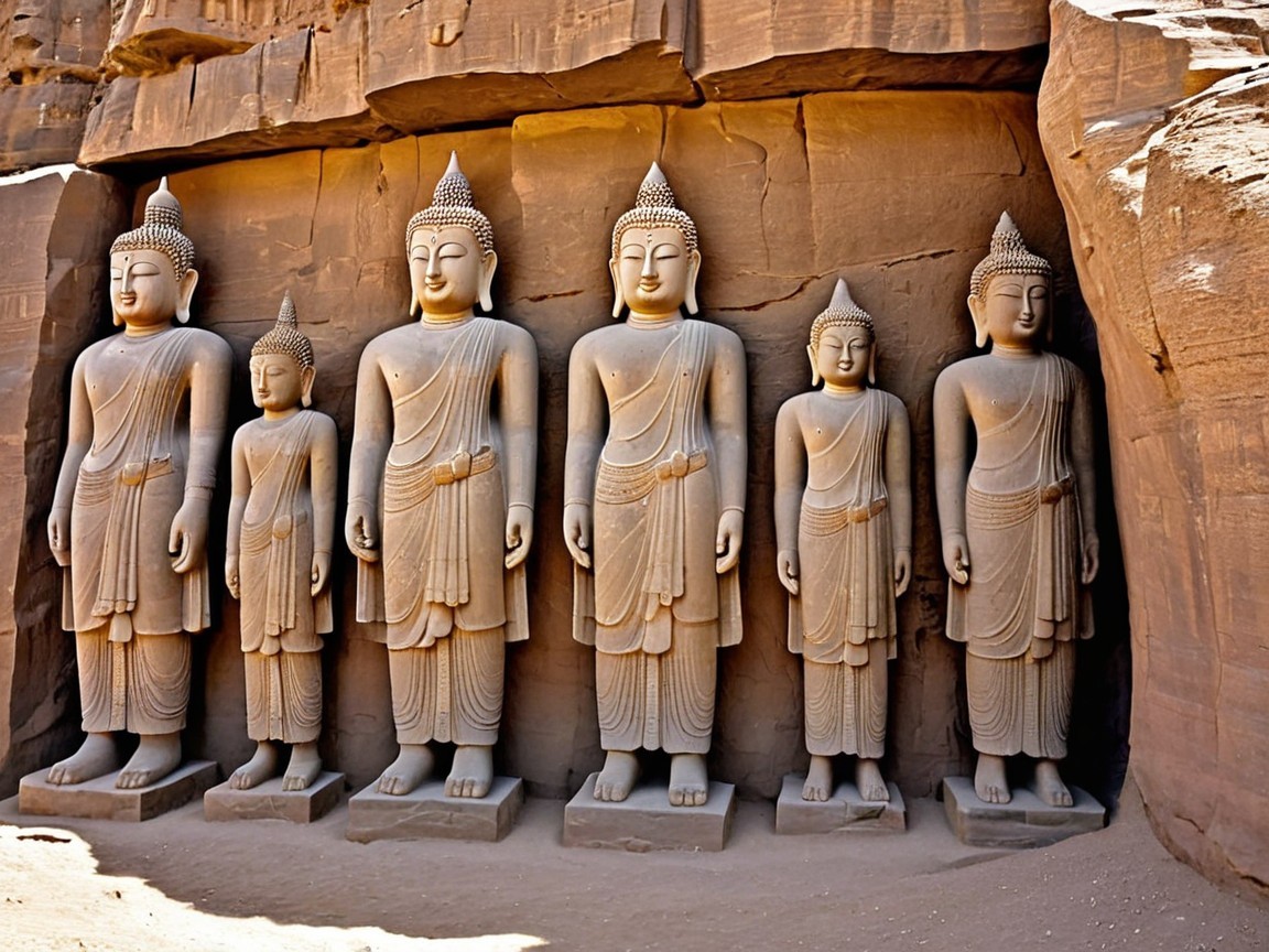 Intricately Carved Stone Buddha Statues in Row