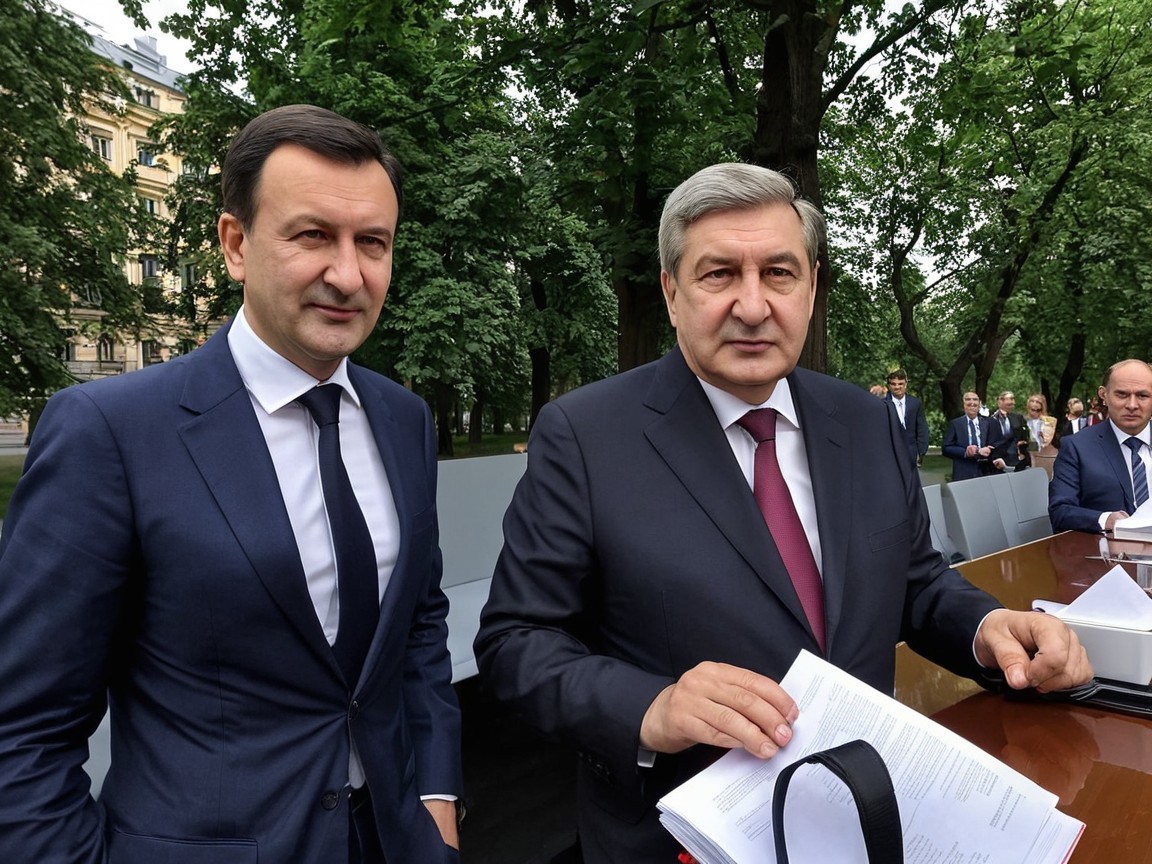 Men in Suits at Outdoor Meeting with Lush Greenery
