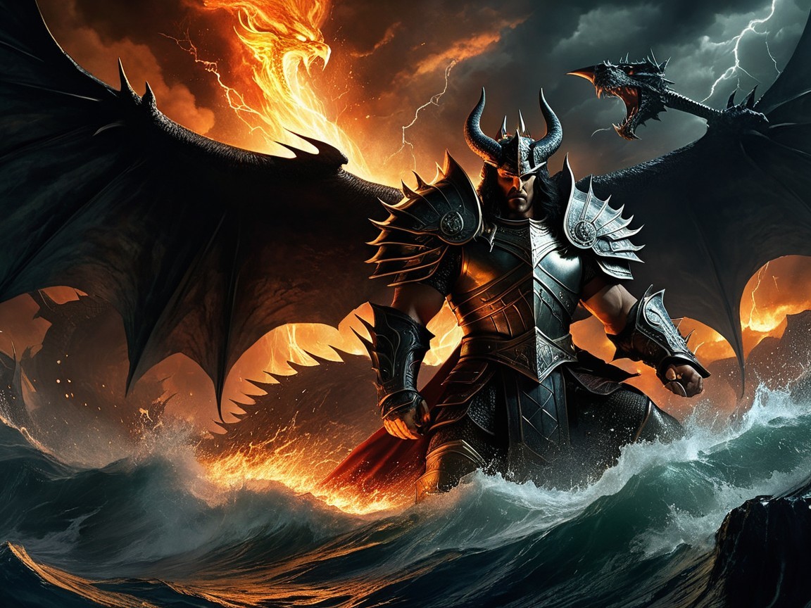 Warrior in Dark Armor Amidst Dragon and Stormy Waves