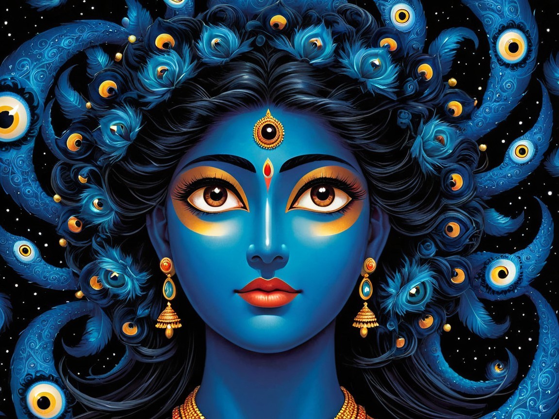 Blue-Skinned Goddess with Third Eye and Jewelry