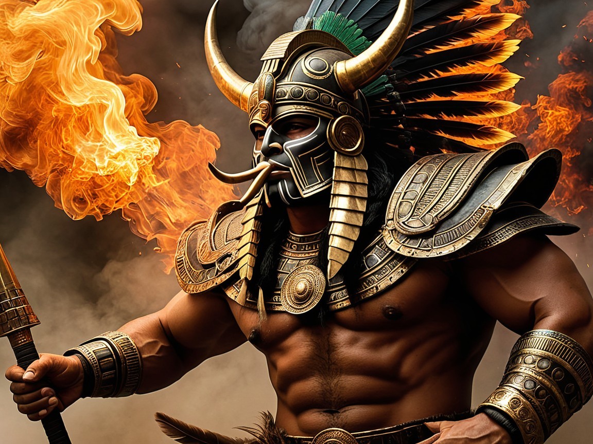 Warrior in Gold Armor with Horned Helmet and Flames