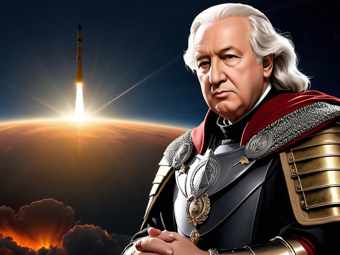 Leader in Ornate Attire Against Space Launch Background
