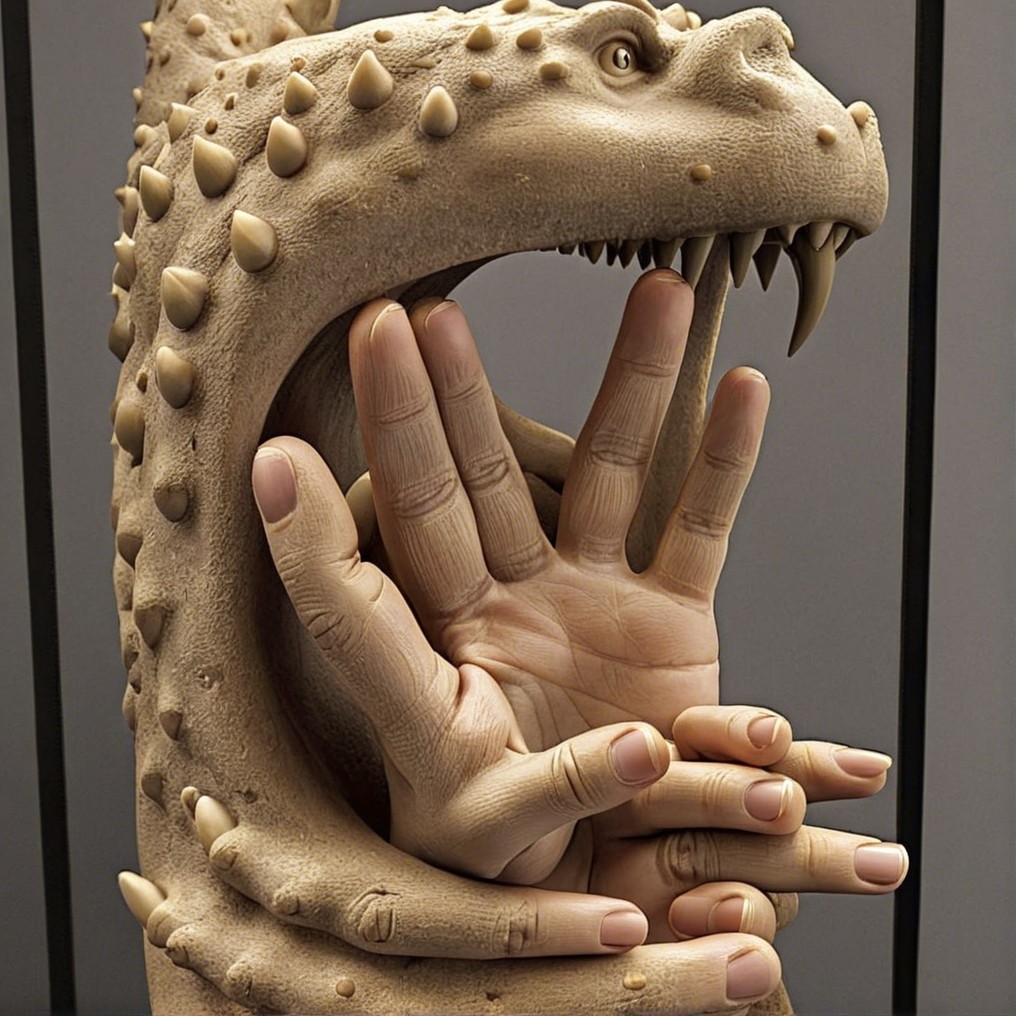Sculpture of a Monster Entwined with a Human Hand