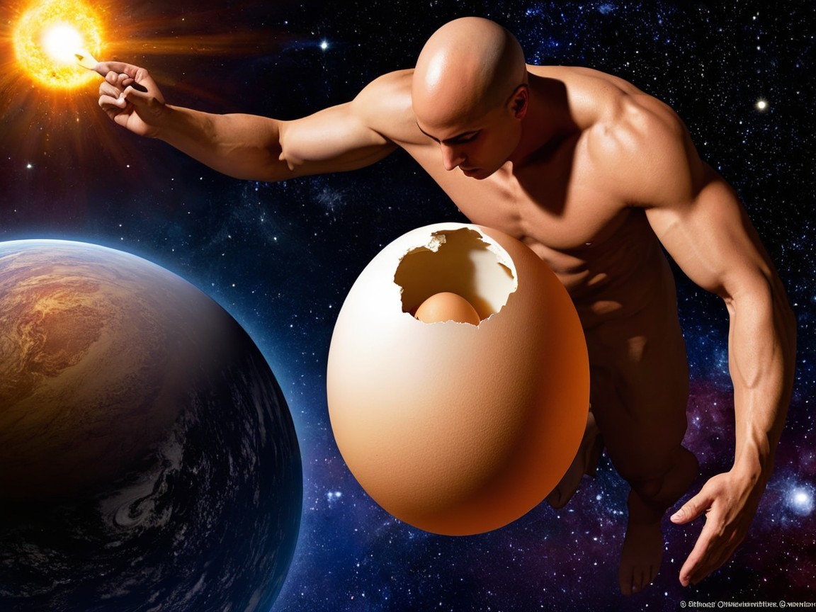 Muscular Figure in Space Holding a Glowing Sun