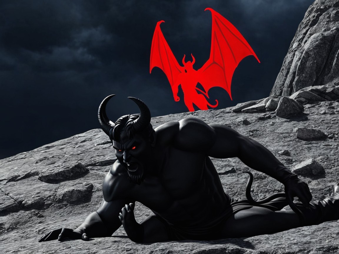 Muscular Figure with Horns and Ominous Background