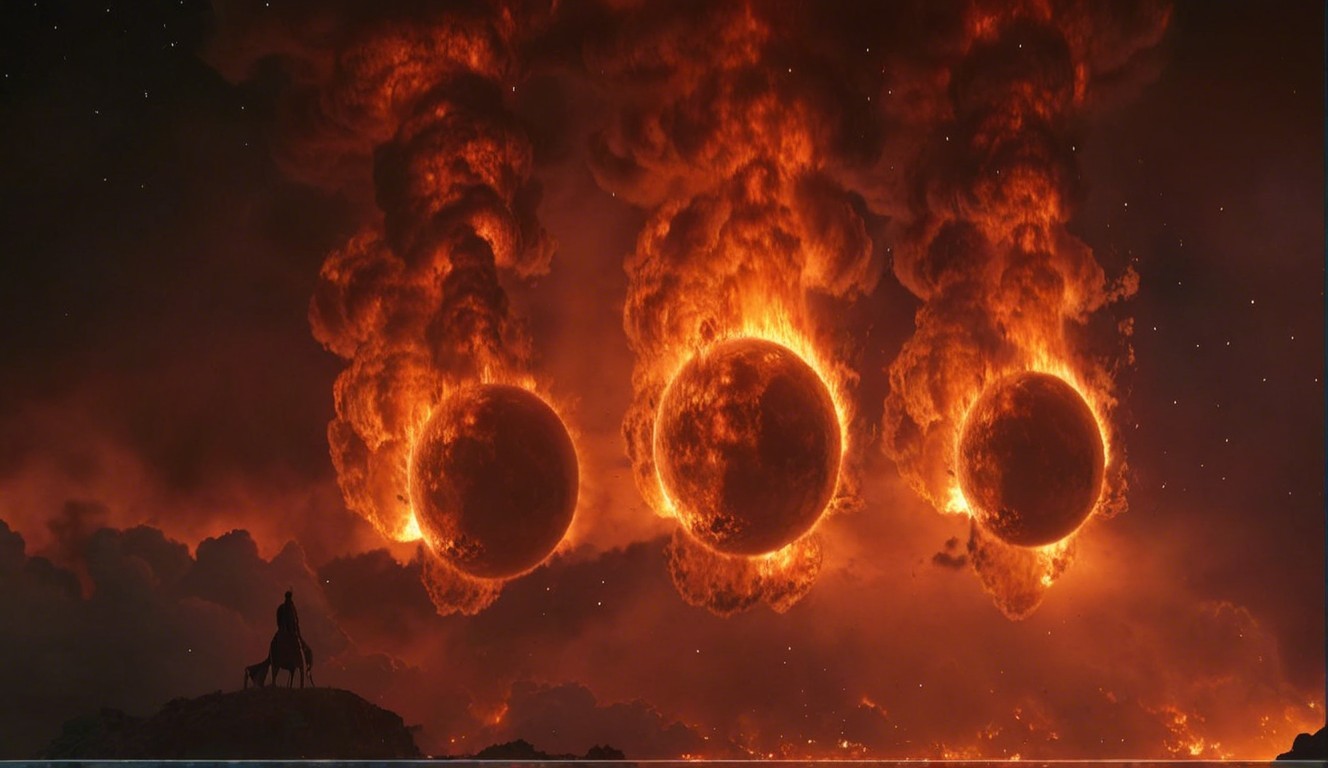 Dramatic cosmic scene with three flaming suns and smoke
