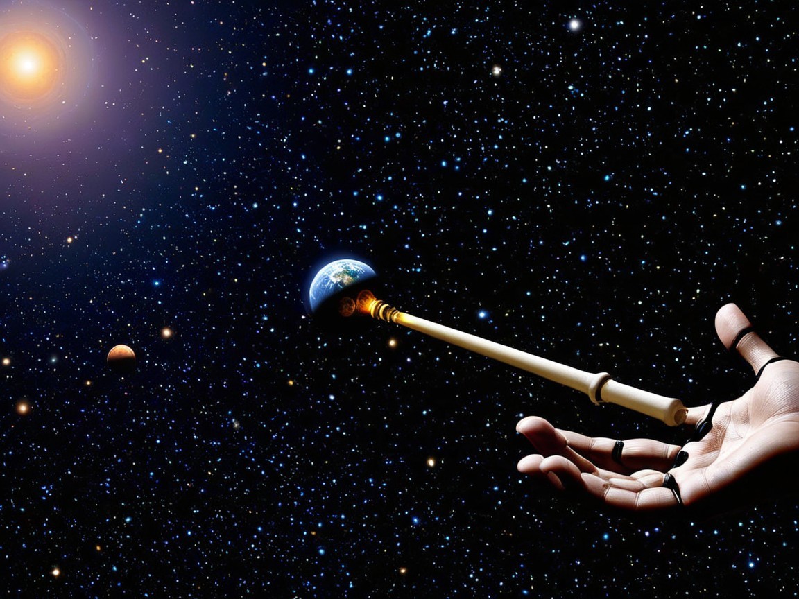 Hand Holding Stick with Glowing Earth in Space