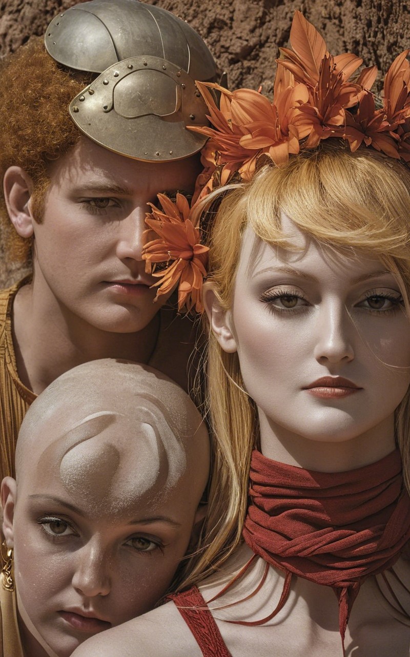 Three Individuals in Artistic Mythological Scene
