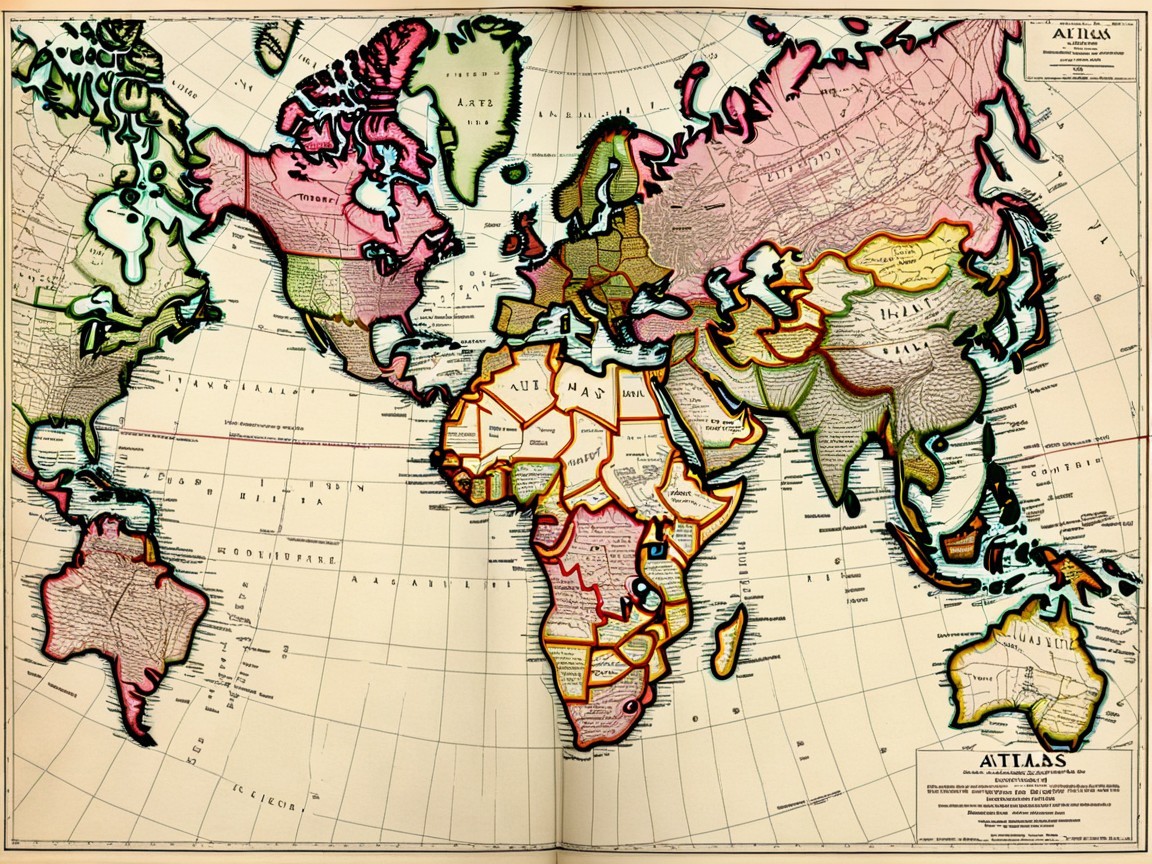 Vintage World Map with Detailed Geography and Colors