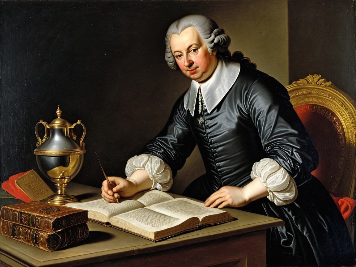 Gentleman in Black Outfit at Desk with Quill and Books