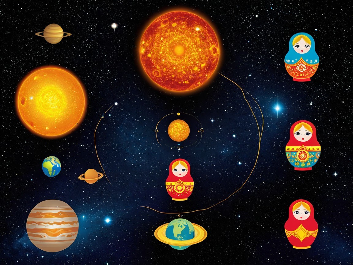 Cosmic Scene with Suns, Planets, and Matryoshka Dolls
