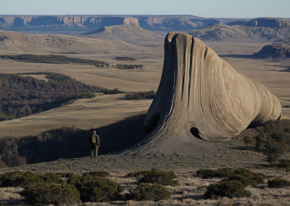 Solitary Figure by Unique Rock Formation in Landscape