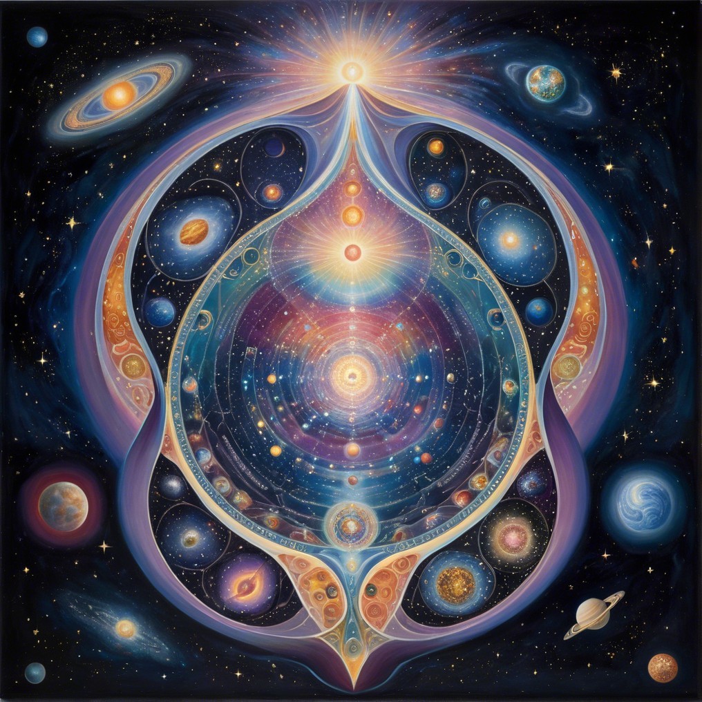 Vibrant Cosmic Design with Luminous Orb and Celestial Bodies