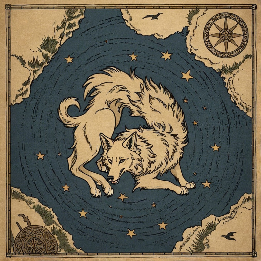 Intricate Wolf Illustration with Celestial Elements