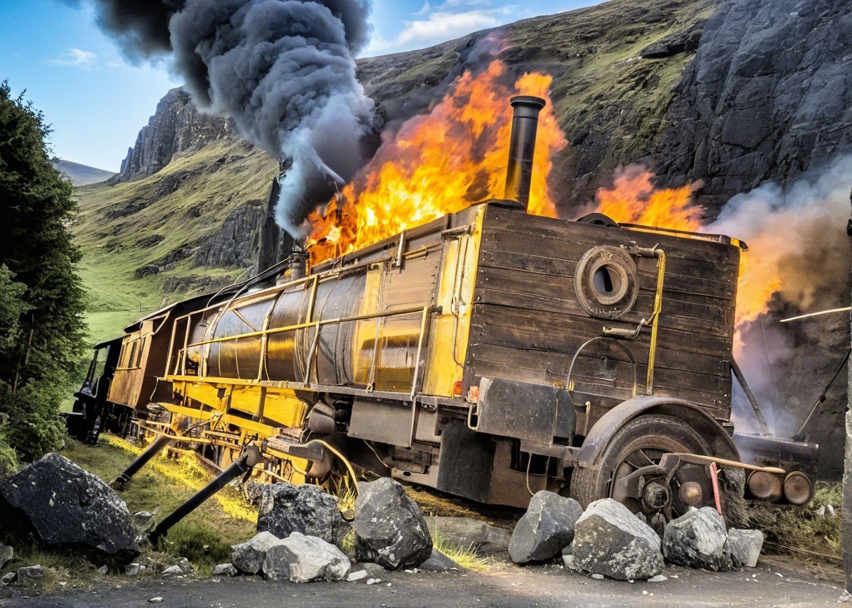 Vintage Steam Train on Fire in Rocky Landscape