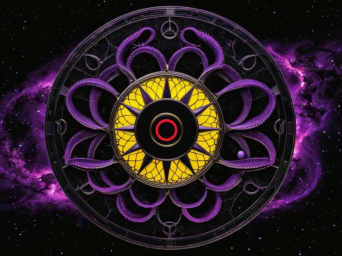 Circular design with black circle and cosmic background