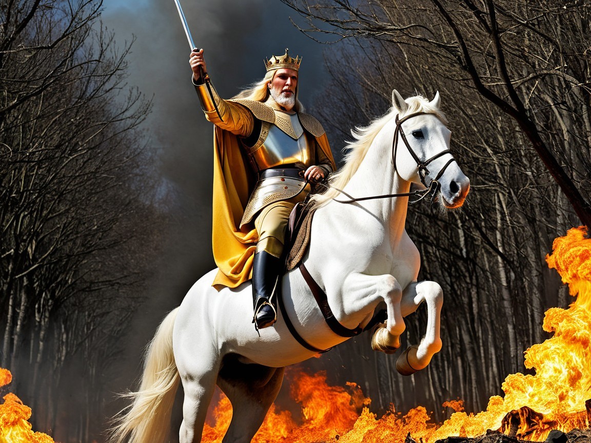 Regal figure in armor on a white horse with flames