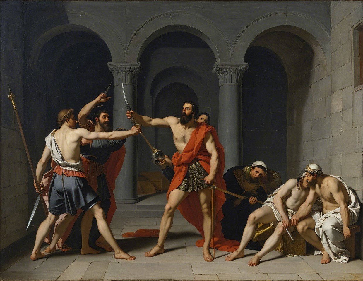 Classical painting of a man in red cloak with sword