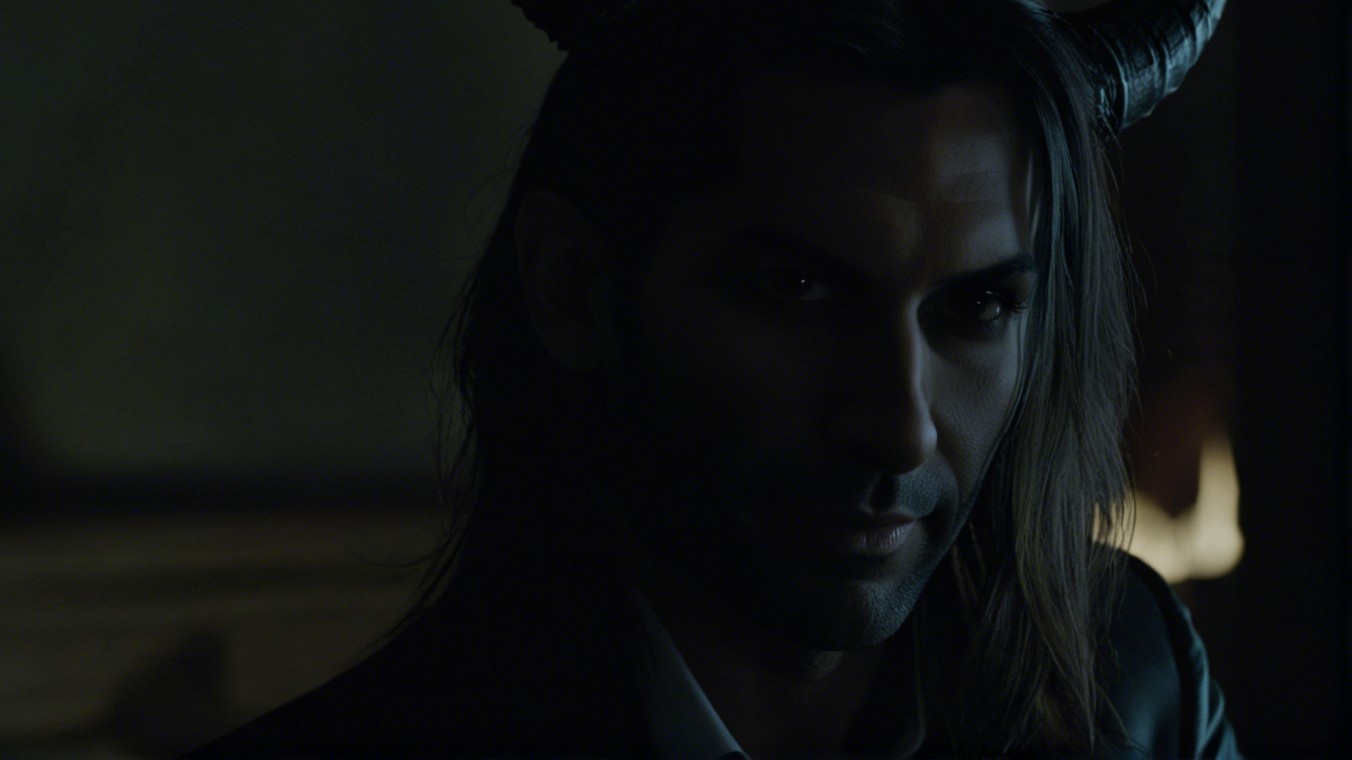 Mysterious Figure with Dark Hair and Horns in Shadows