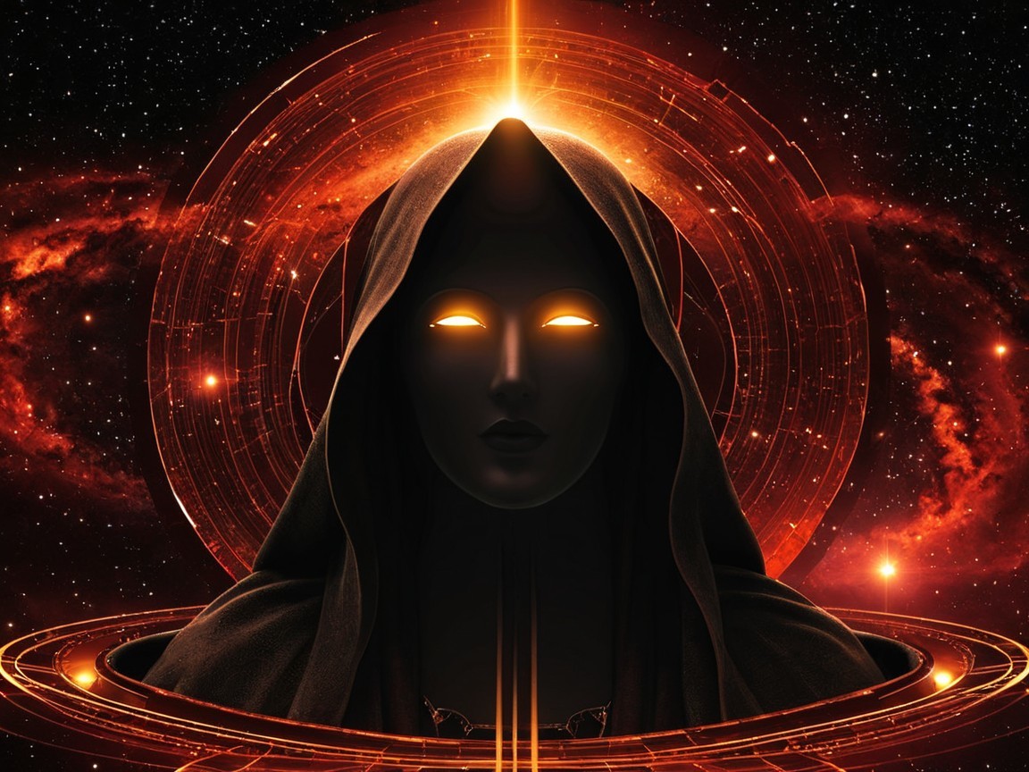 Mysterious Cloaked Figure Against Cosmic Background