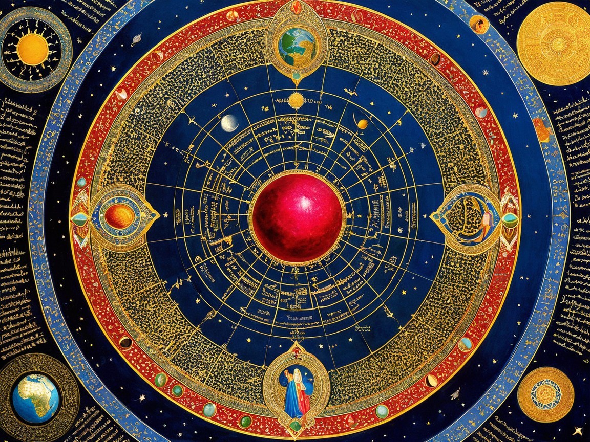 Ornate celestial map with planets and astrological symbols