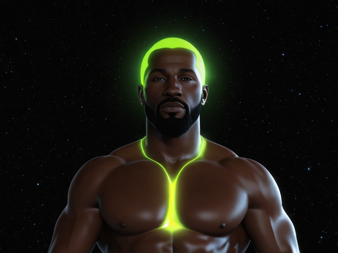 Muscular Man with Ethereal Green Glow in Starry Background