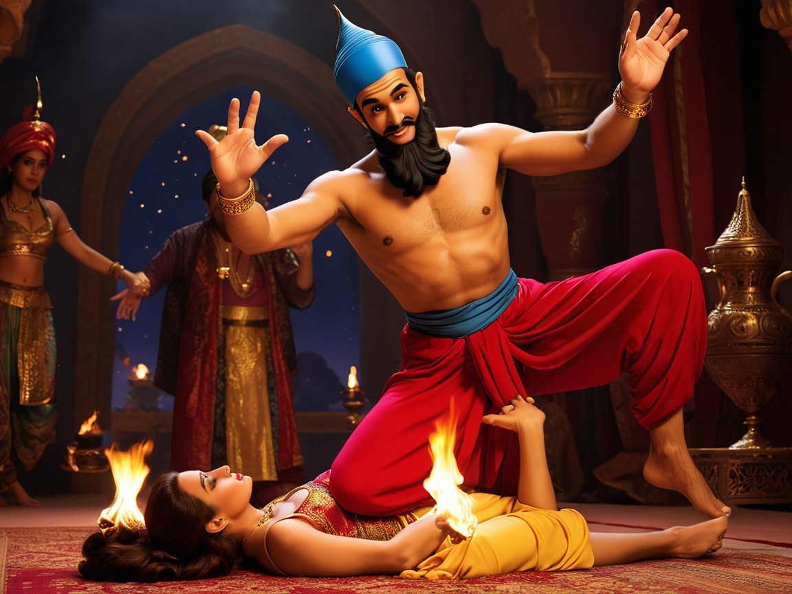 Dramatic Scene in Vibrant Ancient Setting with Flames