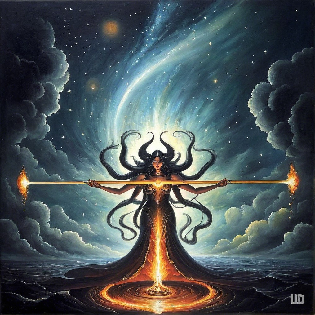 Mystical Figure with Staff Surrounded by Cosmic Elements