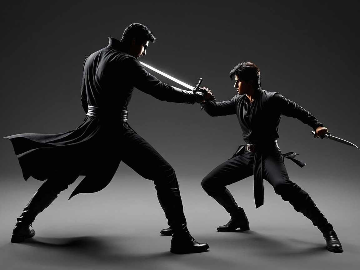 Intense Sword Fight Between Two Clad Figures
