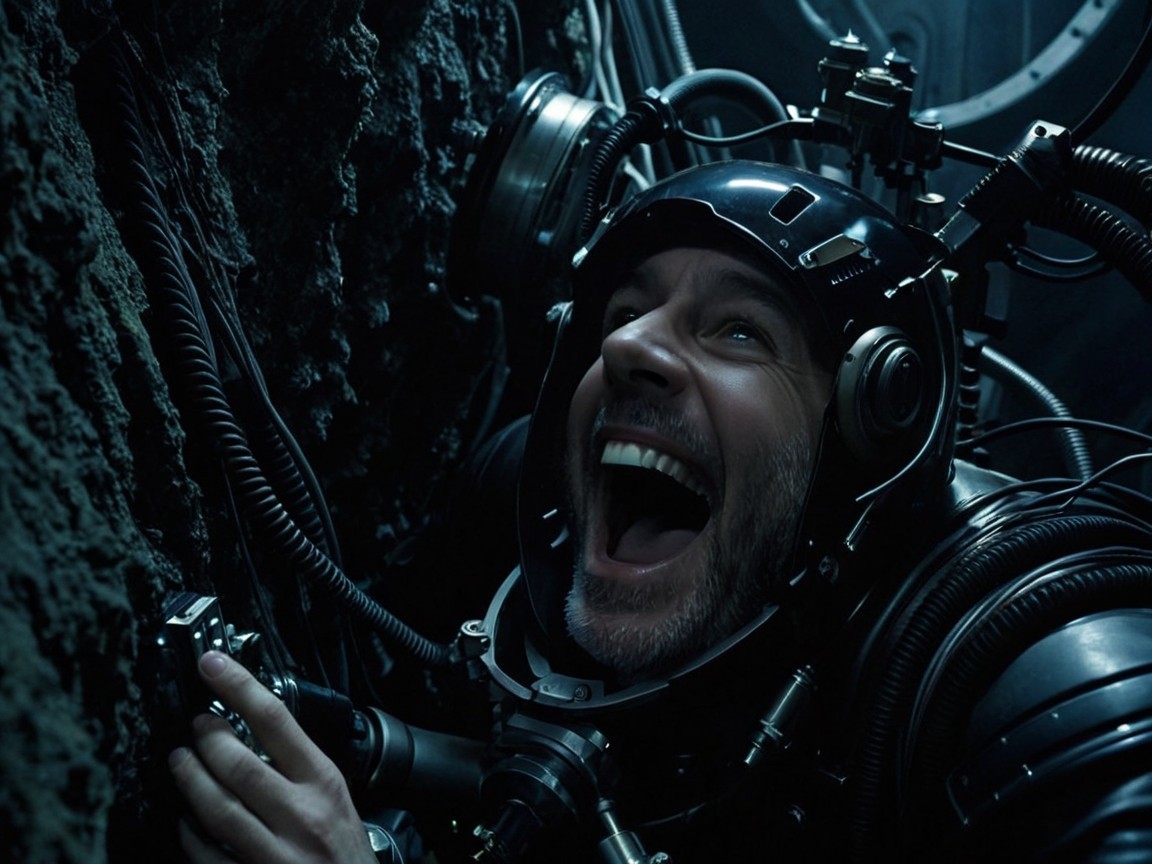 Futuristic Diver in Advanced Suit Among Dark Rocks