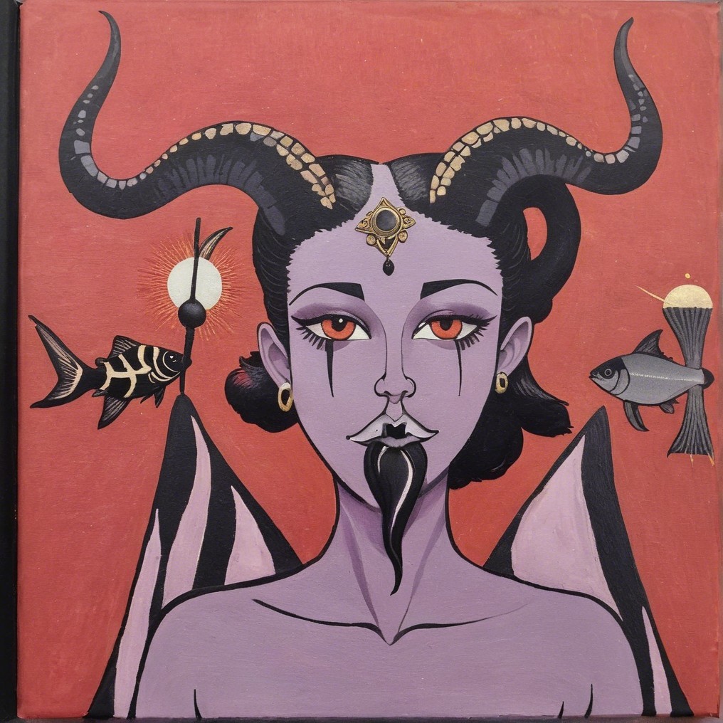 Character with Purple Skin and Celestial Symbols