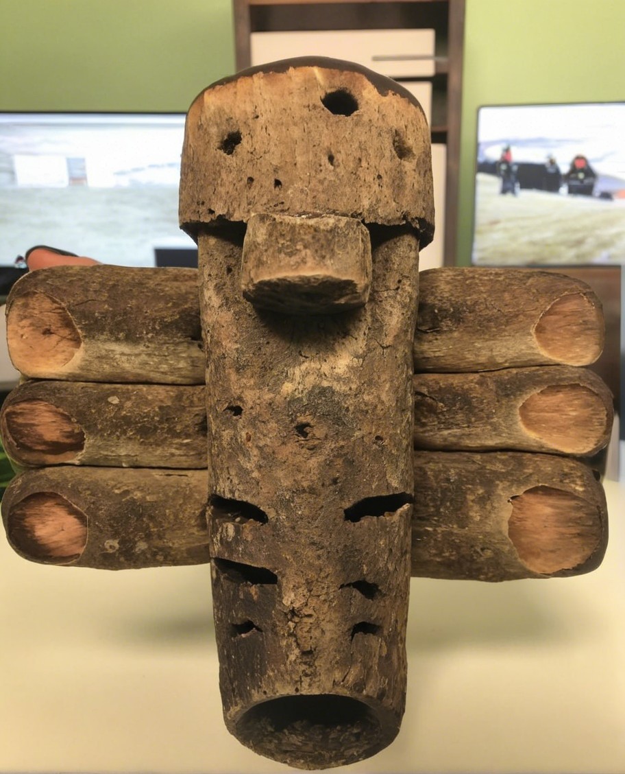 Rustic Wooden Sculpture Resembling a Mask or Figure