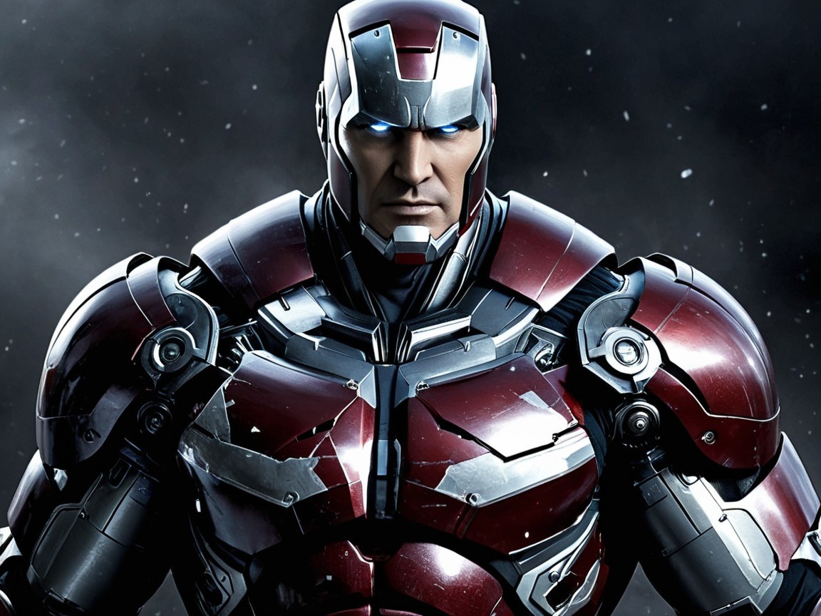 Armored superhero in red and silver metallic suit