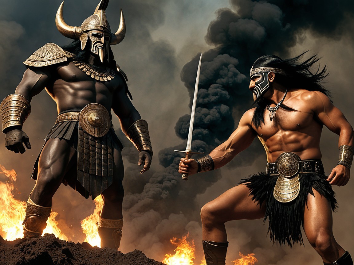 Warriors in Battle Amidst Smoke and Flames