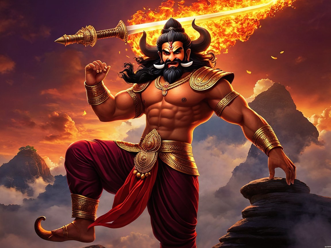 Warrior with Flaming Sword in Dramatic Landscape