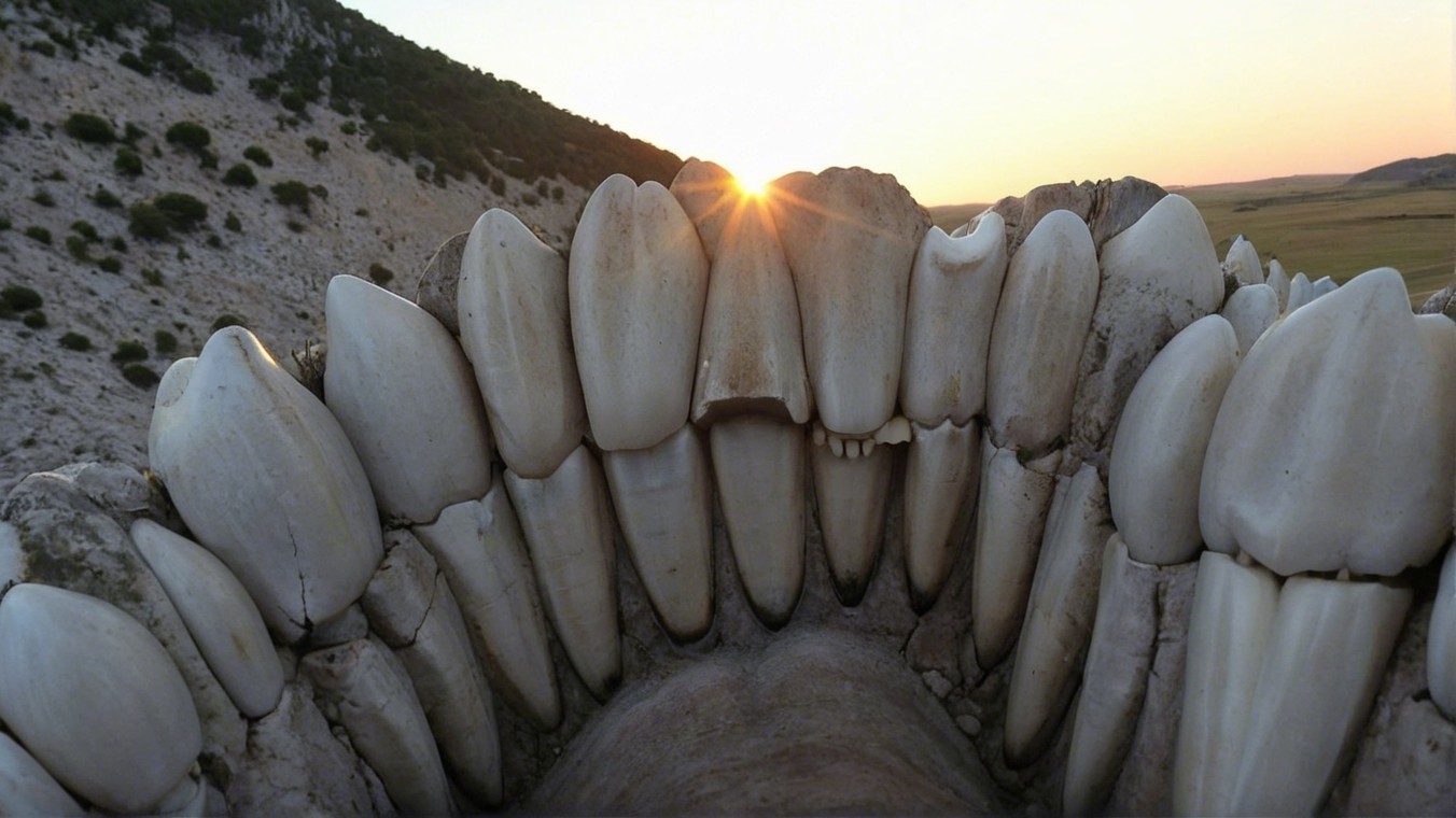 Close-Up of Tooth-Like Structures with Sunset Background